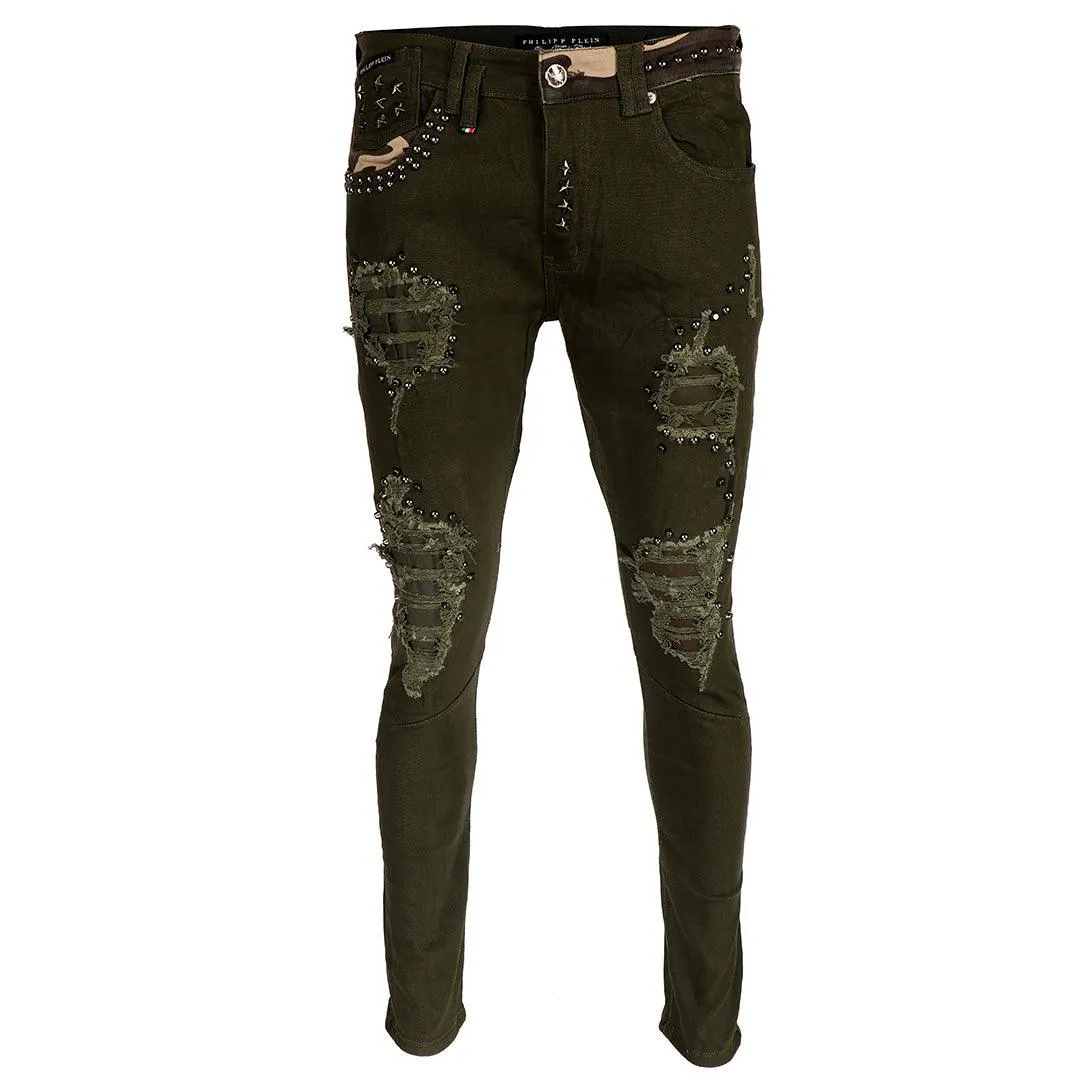 PP Men's Straight Cut Camo Inspired Distressed Jeans- Green