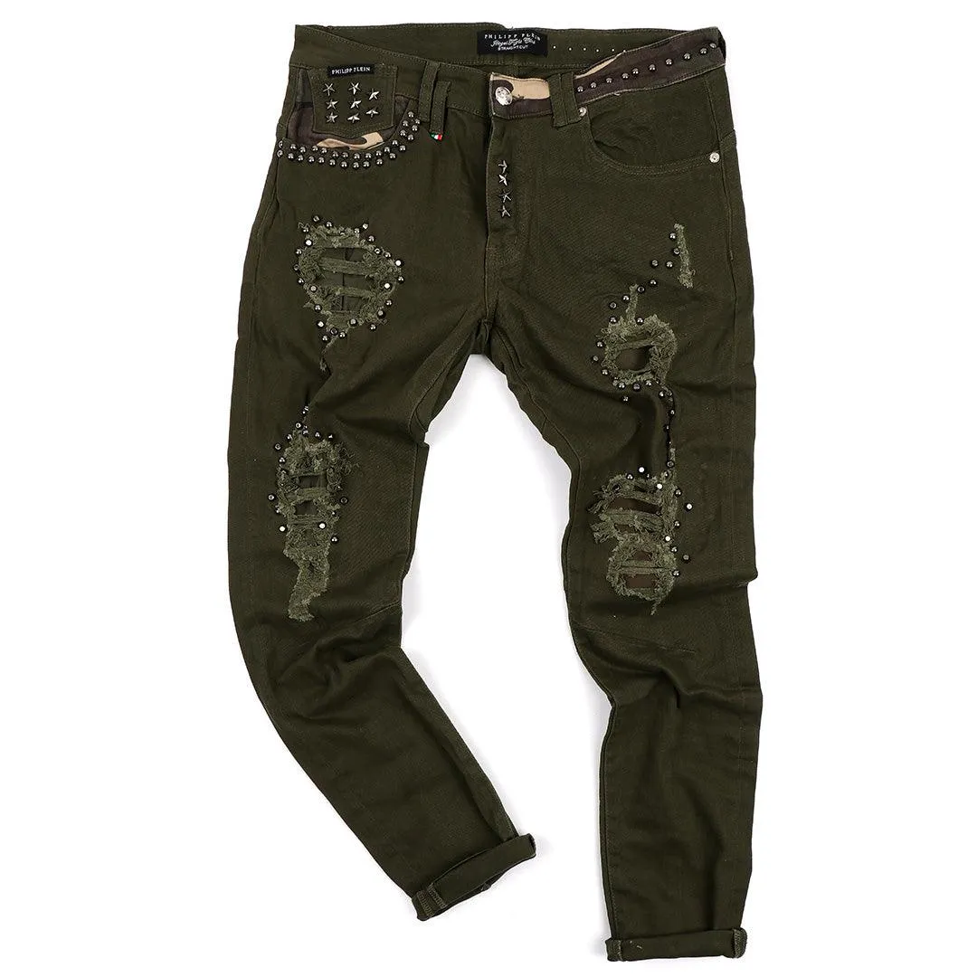 PP Men's Straight Cut Camo Inspired Distressed Jeans- Green