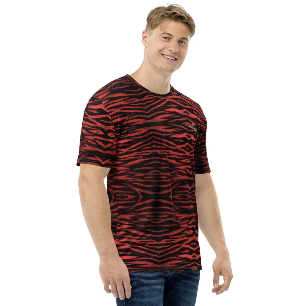 Red Tiger Men's T-shirt, Tiger Striped Animal Print Luxury Tees For Men-Made in USA/EU/MX