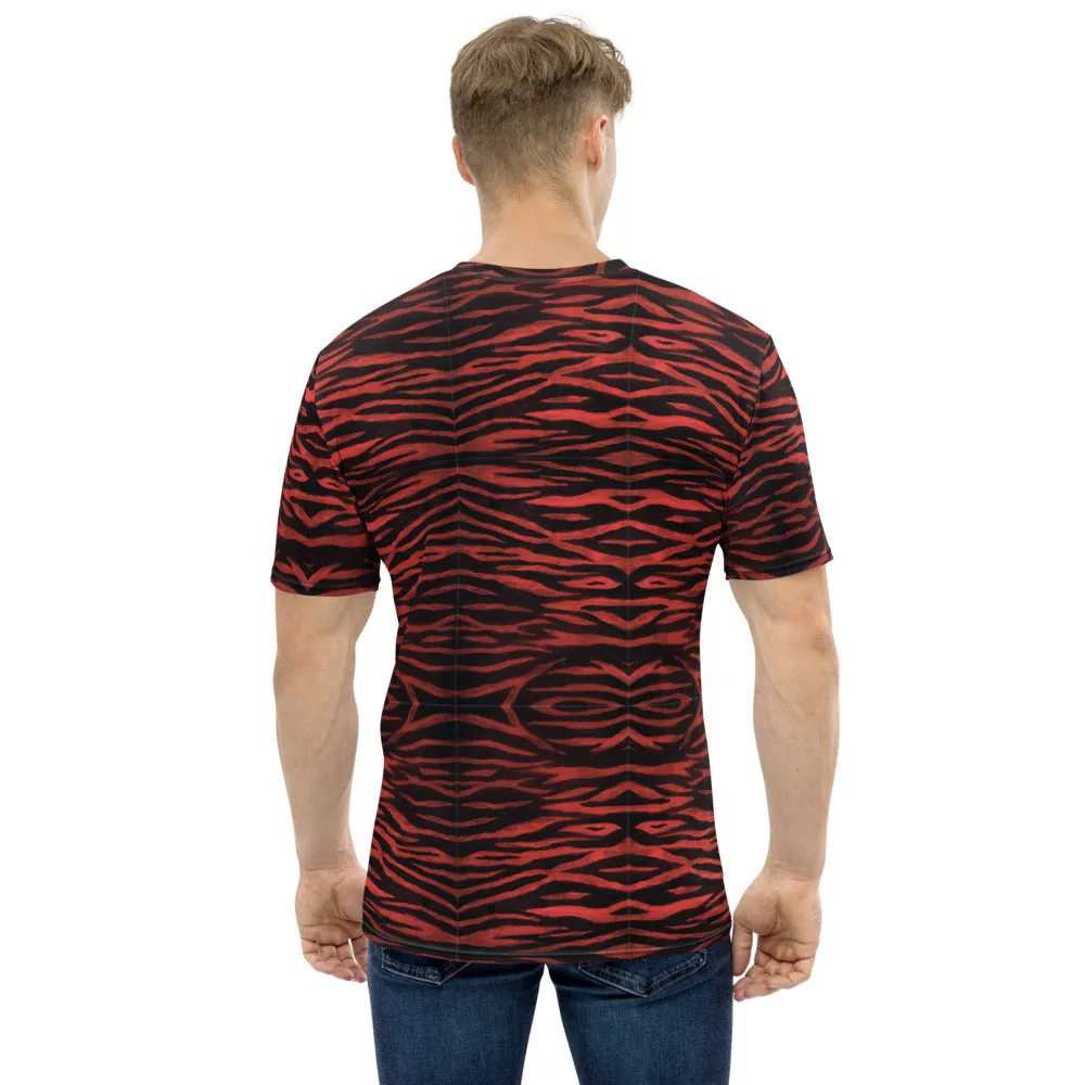 Red Tiger Men's T-shirt, Tiger Striped Animal Print Luxury Tees For Men-Made in USA/EU/MX