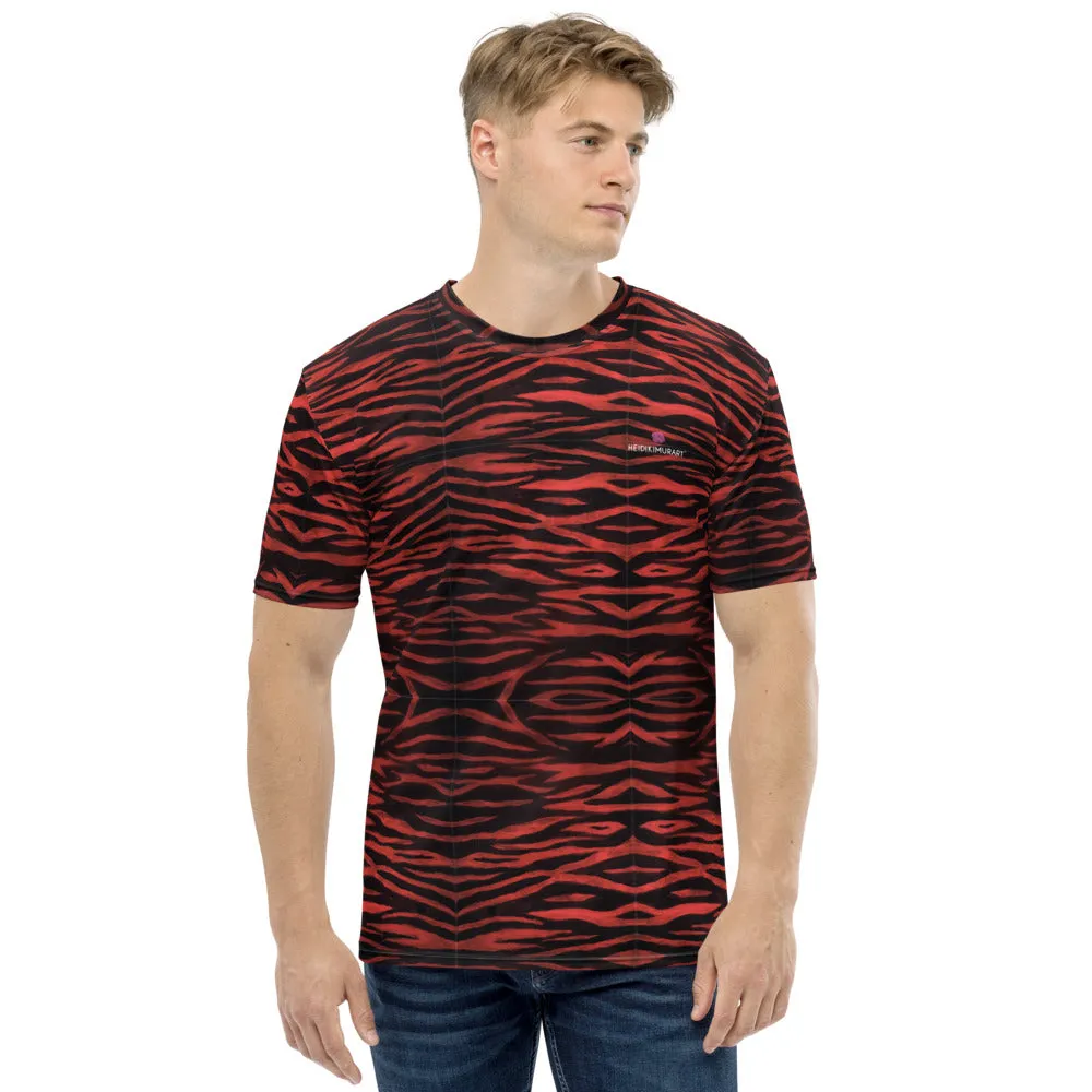 Red Tiger Men's T-shirt, Tiger Striped Animal Print Luxury Tees For Men-Made in USA/EU/MX