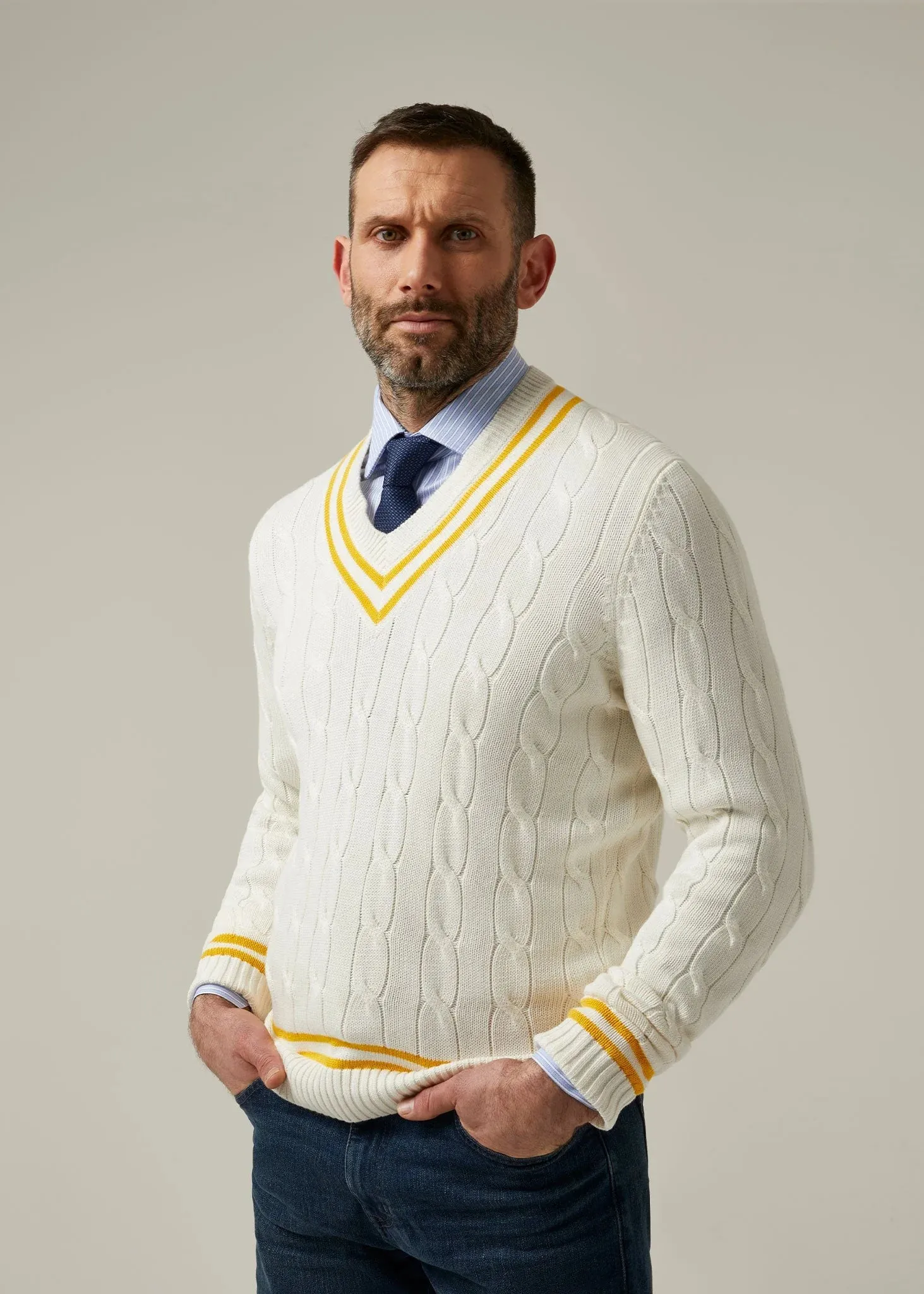 Sandridge Ecru/Gold Cotton Cricket Cable Knit Sweater