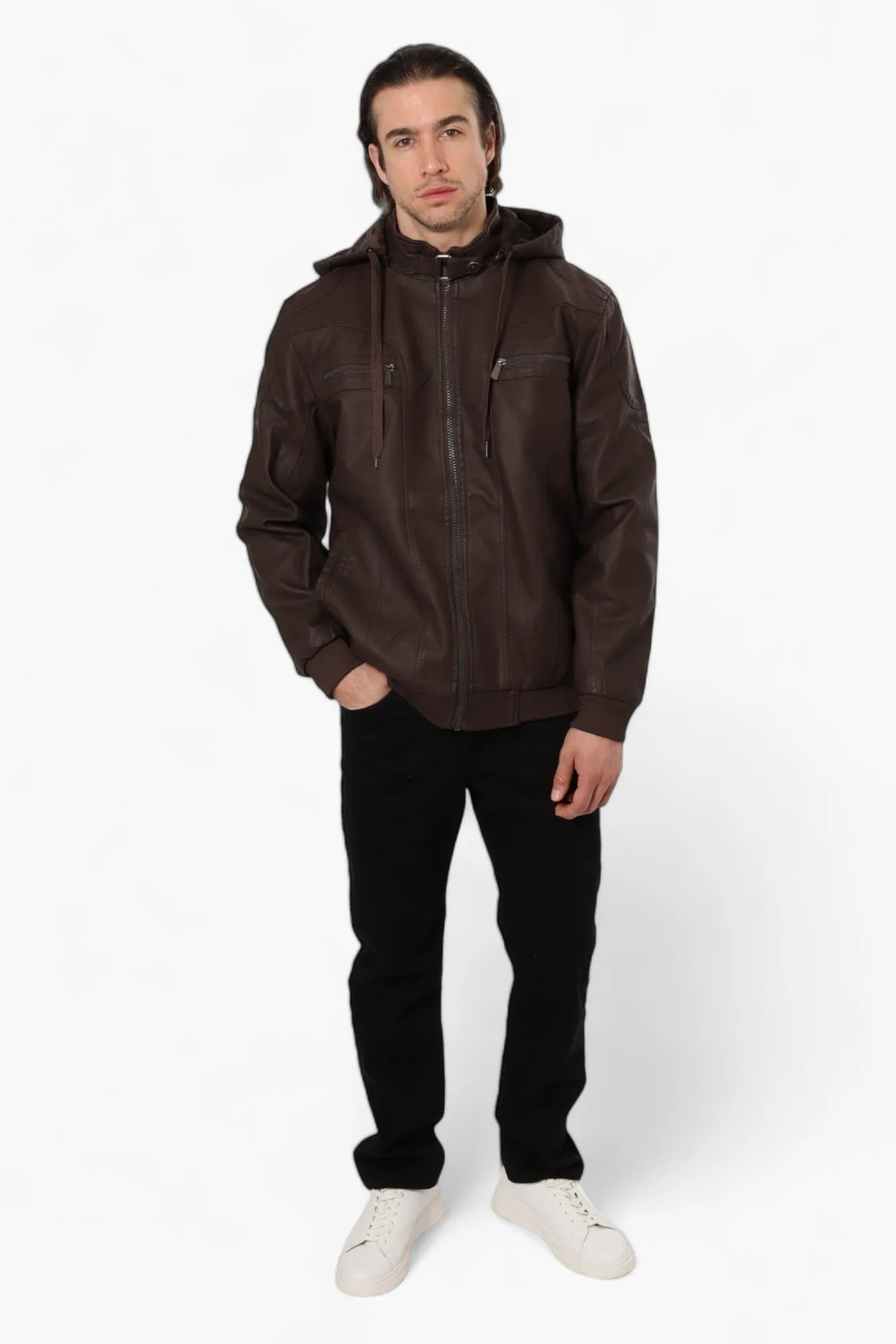 Super Triple Goose Hooded Vegan Leather Moto Jacket - Brown