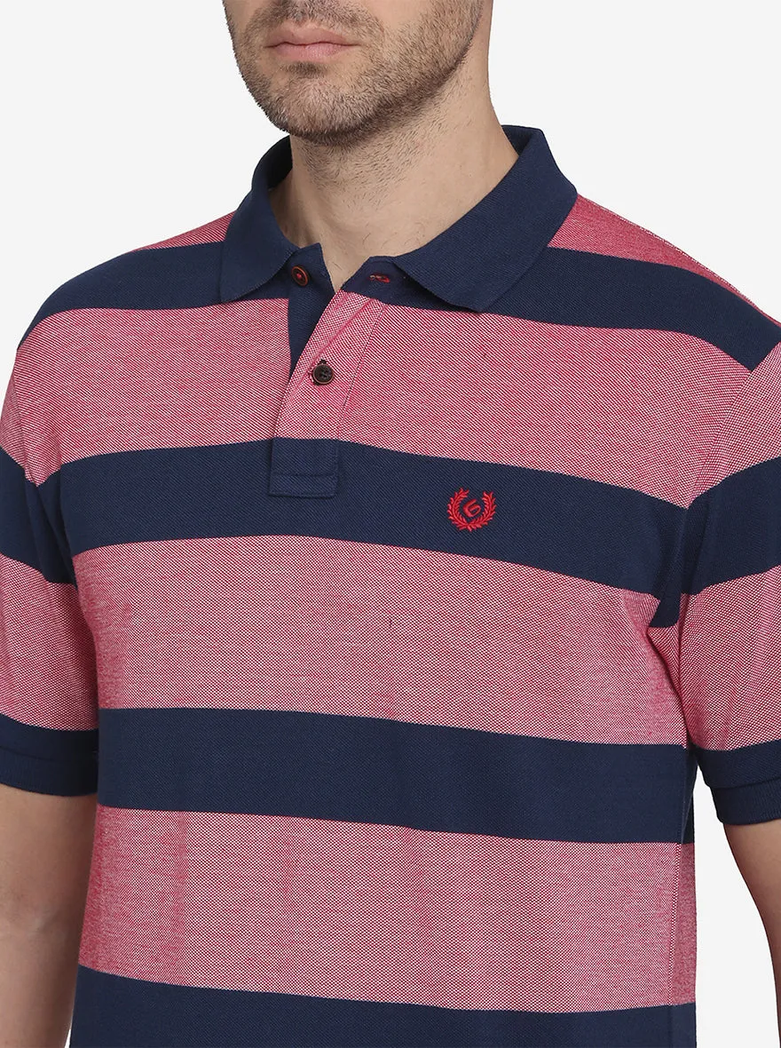 Teaberry & Blue Striped Slim Fit Polo T-shirt  | Greenfibre