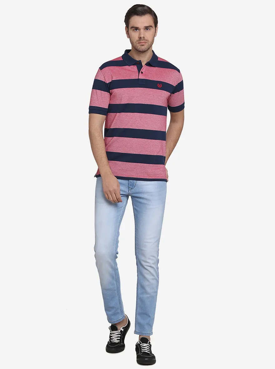 Teaberry & Blue Striped Slim Fit Polo T-shirt  | Greenfibre