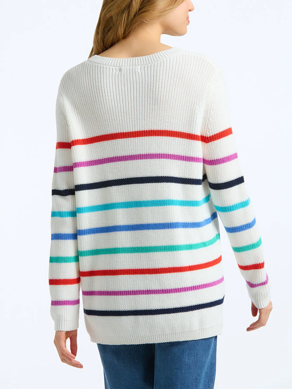 The Emma: 100% Cotton Stripe Crewneck Shaker Stitch Sweater