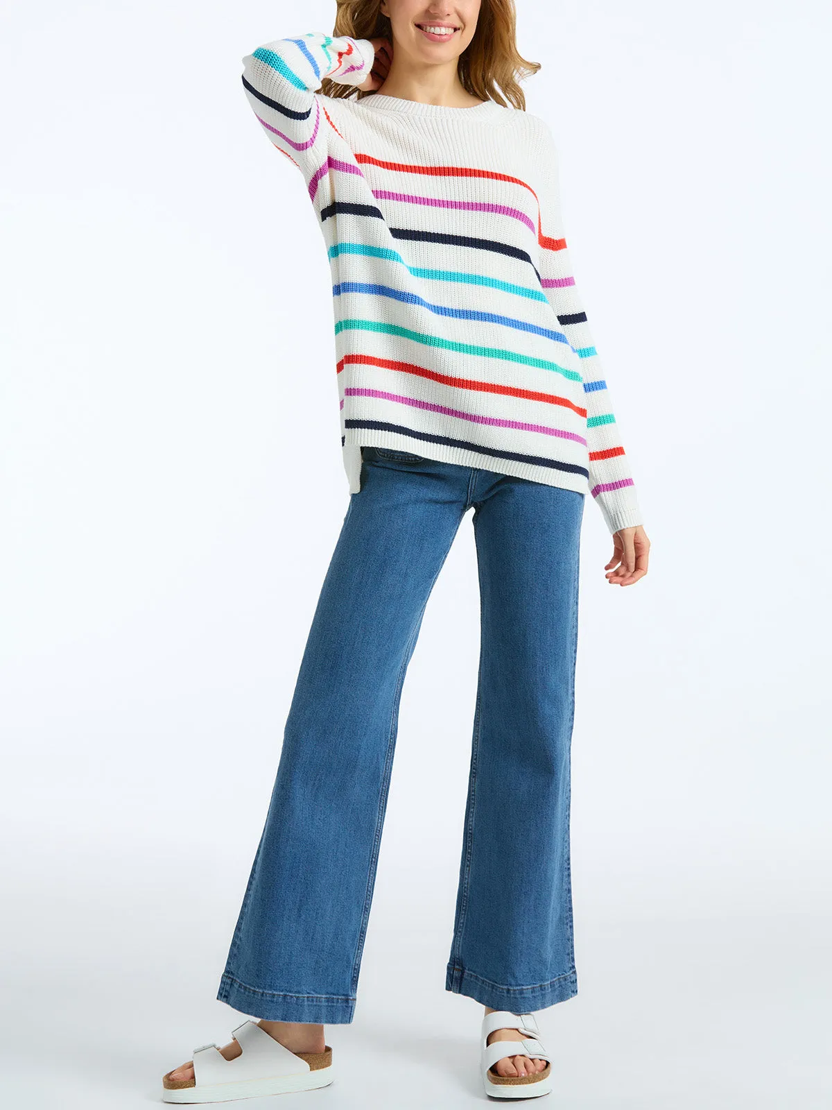 The Emma: 100% Cotton Stripe Crewneck Shaker Stitch Sweater