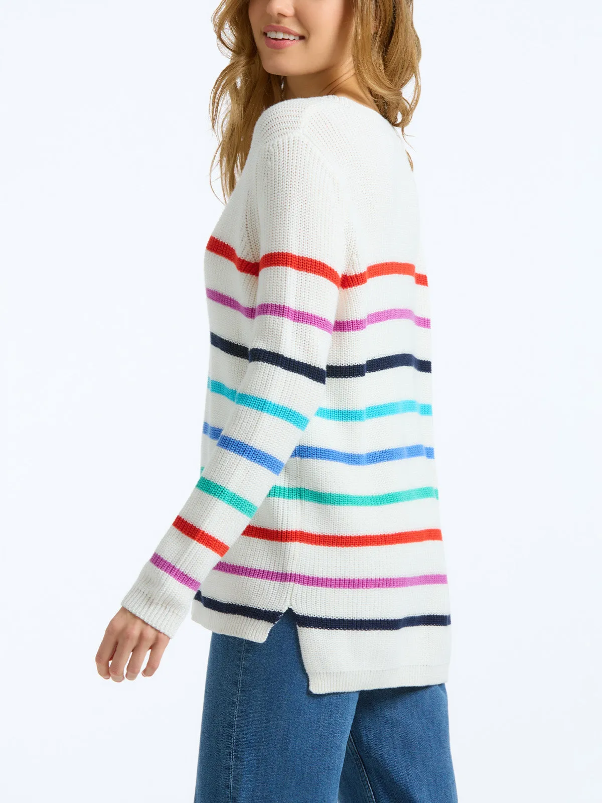 The Emma: 100% Cotton Stripe Crewneck Shaker Stitch Sweater