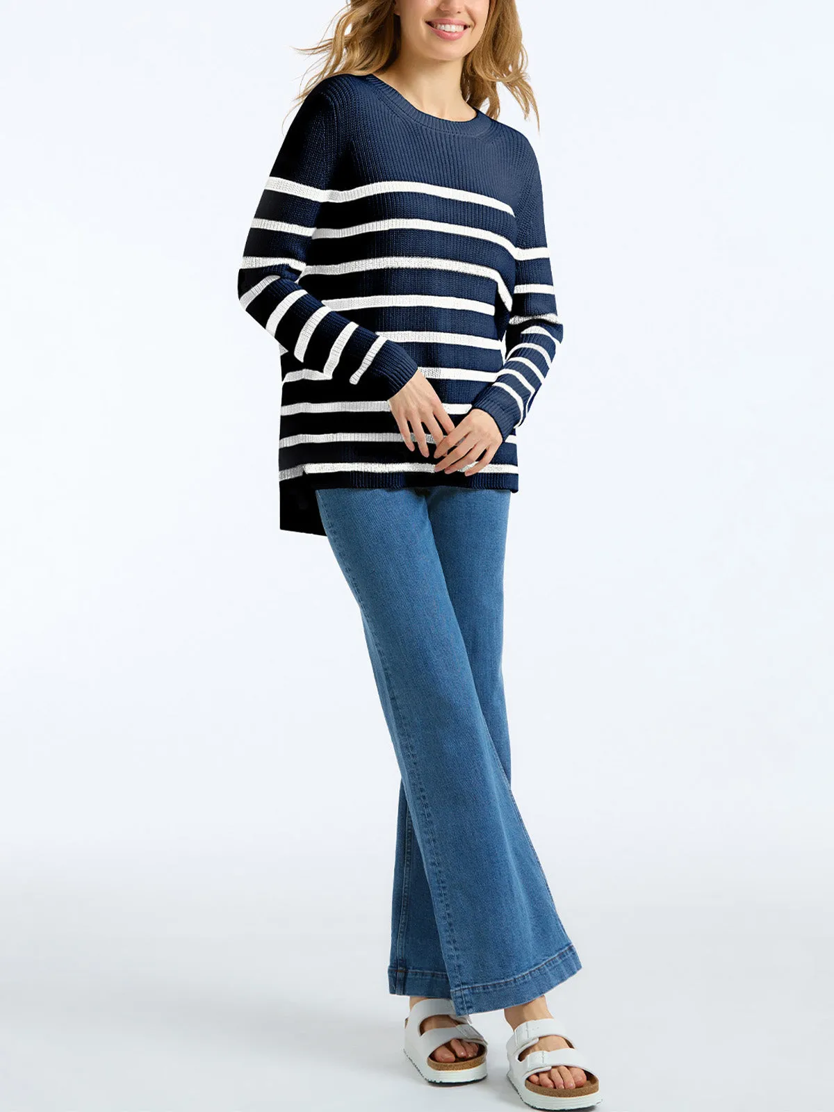 The Emma: 100% Cotton Stripe Crewneck Shaker Stitch Sweater