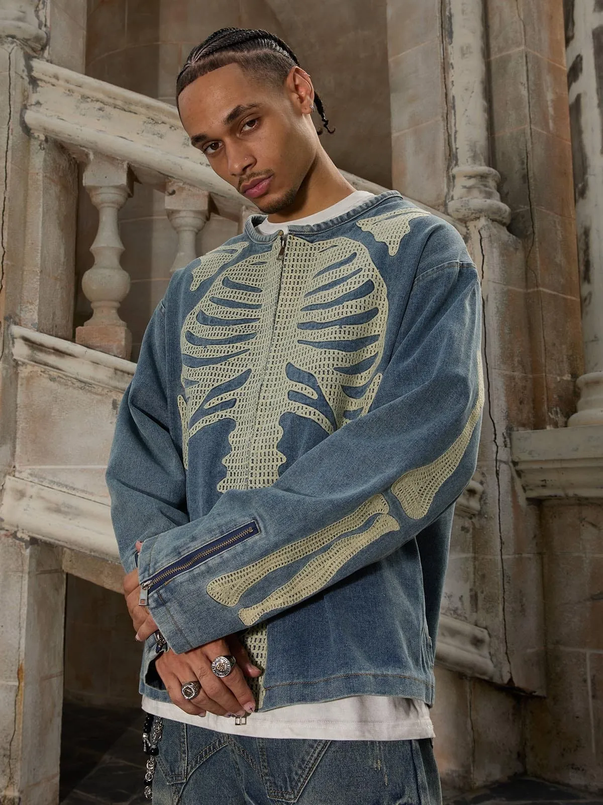 Thesupermade Heavy Bone Embroidered Denim Jacket