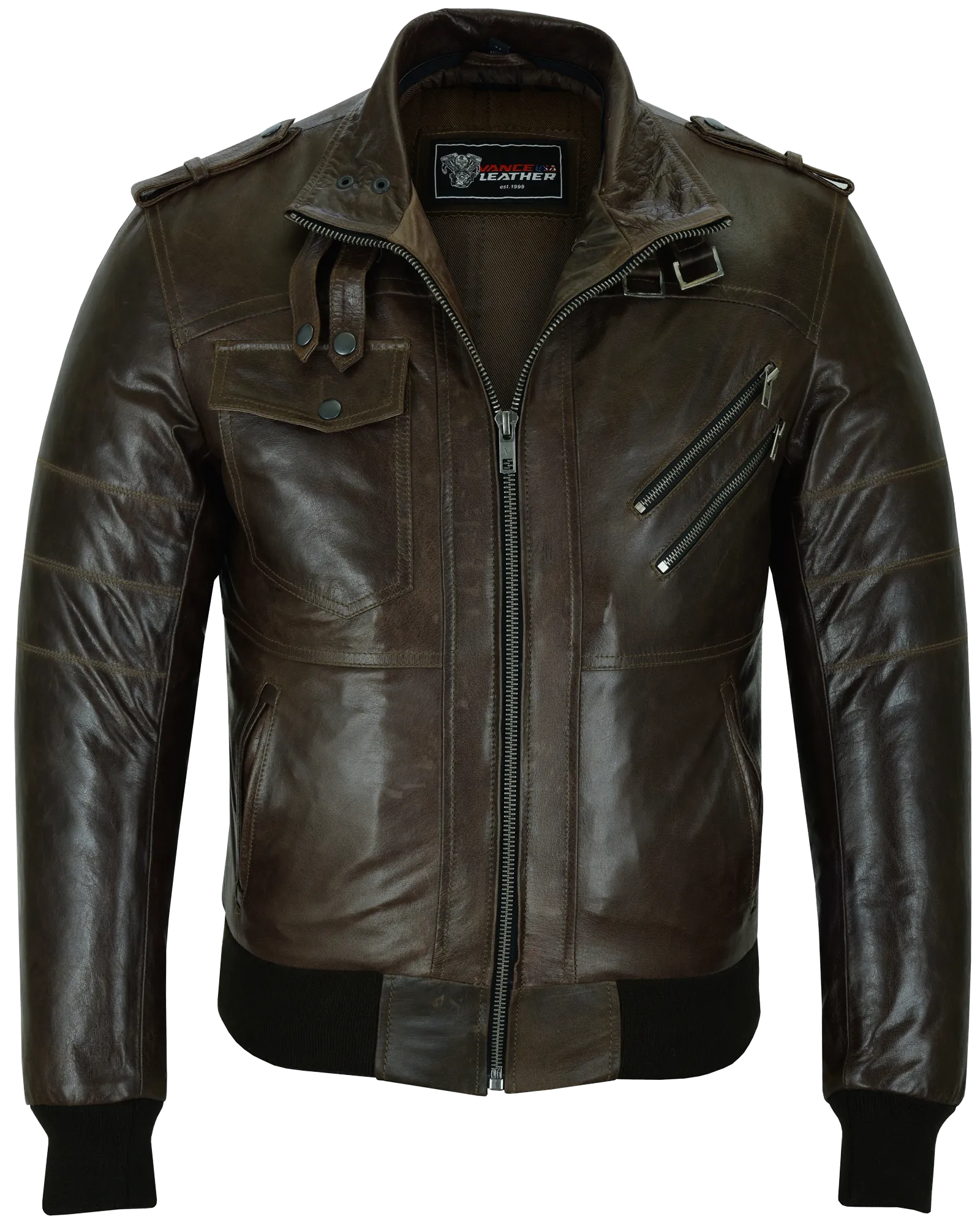 Vance Leather Men's Vincent Brown Waxed Premium Cowhide Motorcycle Leather Jacket with Removable hood