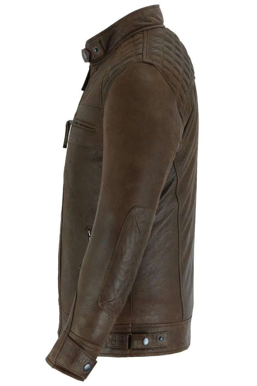 VL550CBr Vance Leathers' Men's Cafe Racer Waxed Lambskin Chocolate Brown Motorcycle Leather Jacket