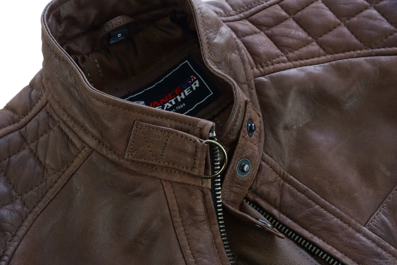 VL550CBr Vance Leathers' Men's Cafe Racer Waxed Lambskin Chocolate Brown Motorcycle Leather Jacket