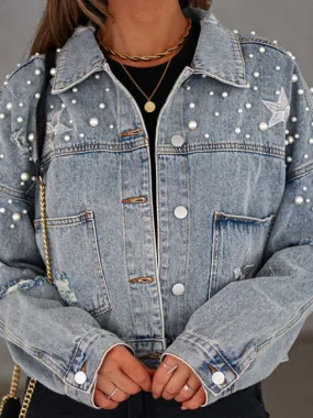 Womens Denim Jacket - Pearl Studded Distressed Denim Jacket