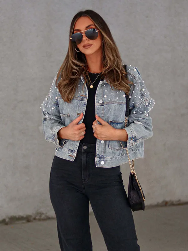 Womens Denim Jacket - Pearl Studded Distressed Denim Jacket