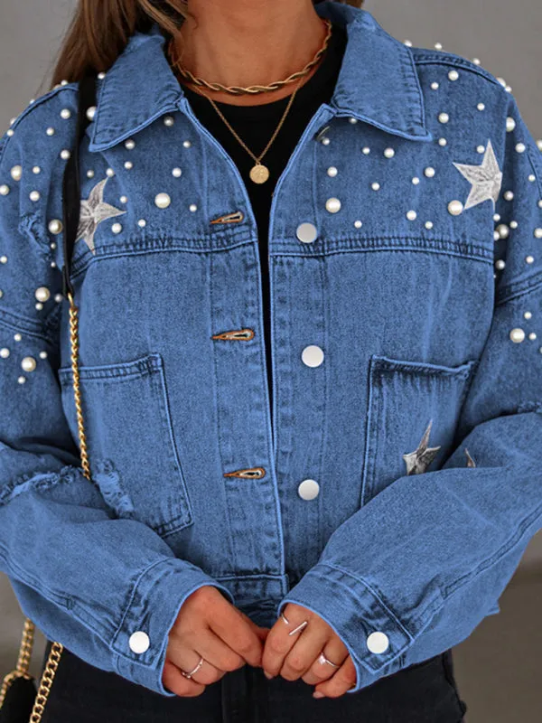 Womens Denim Jacket - Pearl Studded Distressed Denim Jacket