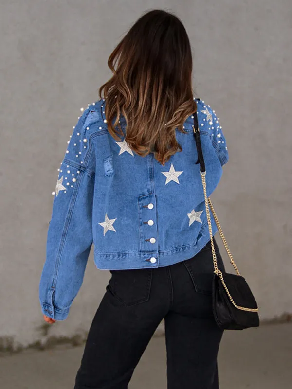 Womens Denim Jacket - Pearl Studded Distressed Denim Jacket