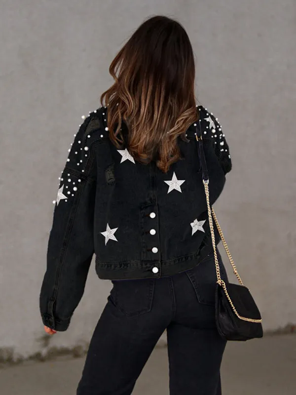 Womens Denim Jacket - Pearl Studded Distressed Denim Jacket